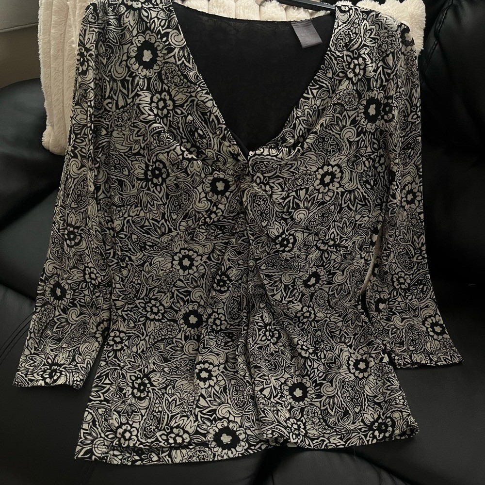 Ann Taylor Womens Black White Floral Paisley grunge goth Twist Front Mesh Top 10